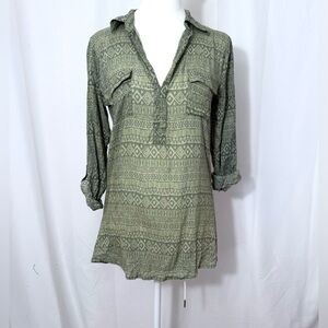 Poof Green Long Sleeve Collared V-Neck Tunic Dress With Aztec Print Stripes